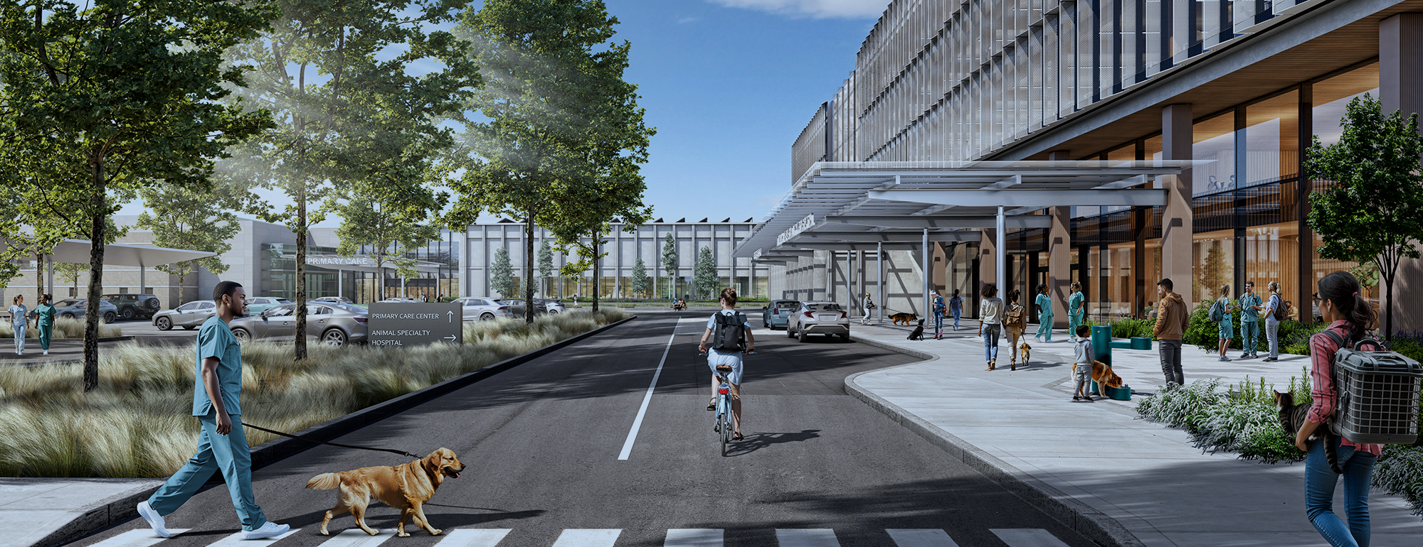 Rendering of tree-lined urban street with pedestrians, café seating and crosswalk
