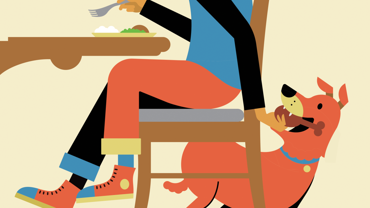 Illustration of a dog taking table scraps