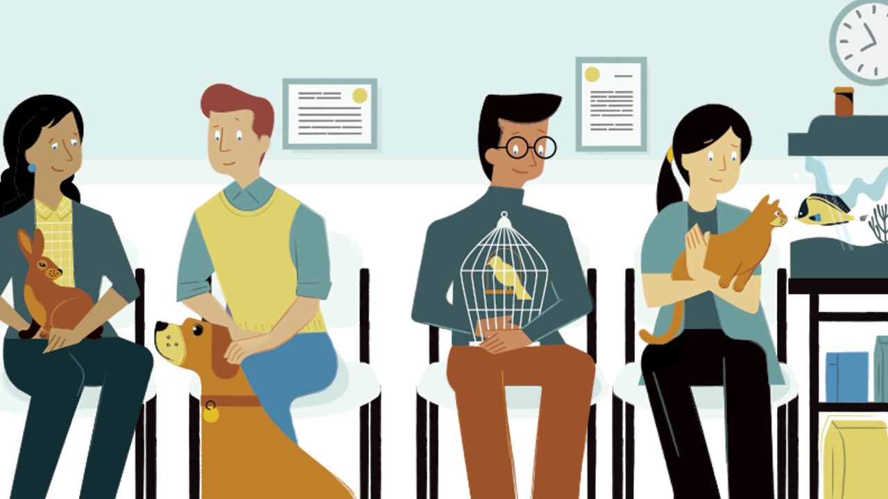An illustration of people sitting with their pets in a vet waiting room.