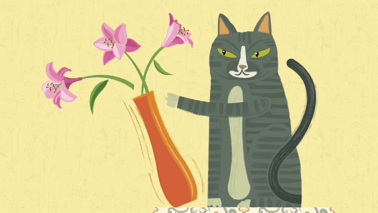 Illustration of a cat knocking over a vase of flowers.