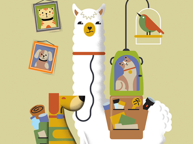 An illustration of a llama next to a dog carrying a pack of supplies and a "go-to" bag.