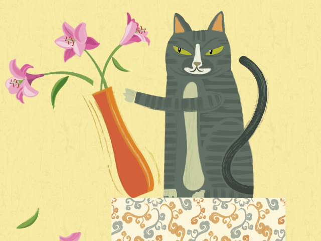 Illustration of a cat knocking over a vase of flowers.