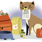An illustration of a cat and a bird with an emergency go bag kit.