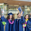 School of Veterinary Medicine Graduates of the Class of 2024 celebrate after the ceremony in front of the Mondavi Center.